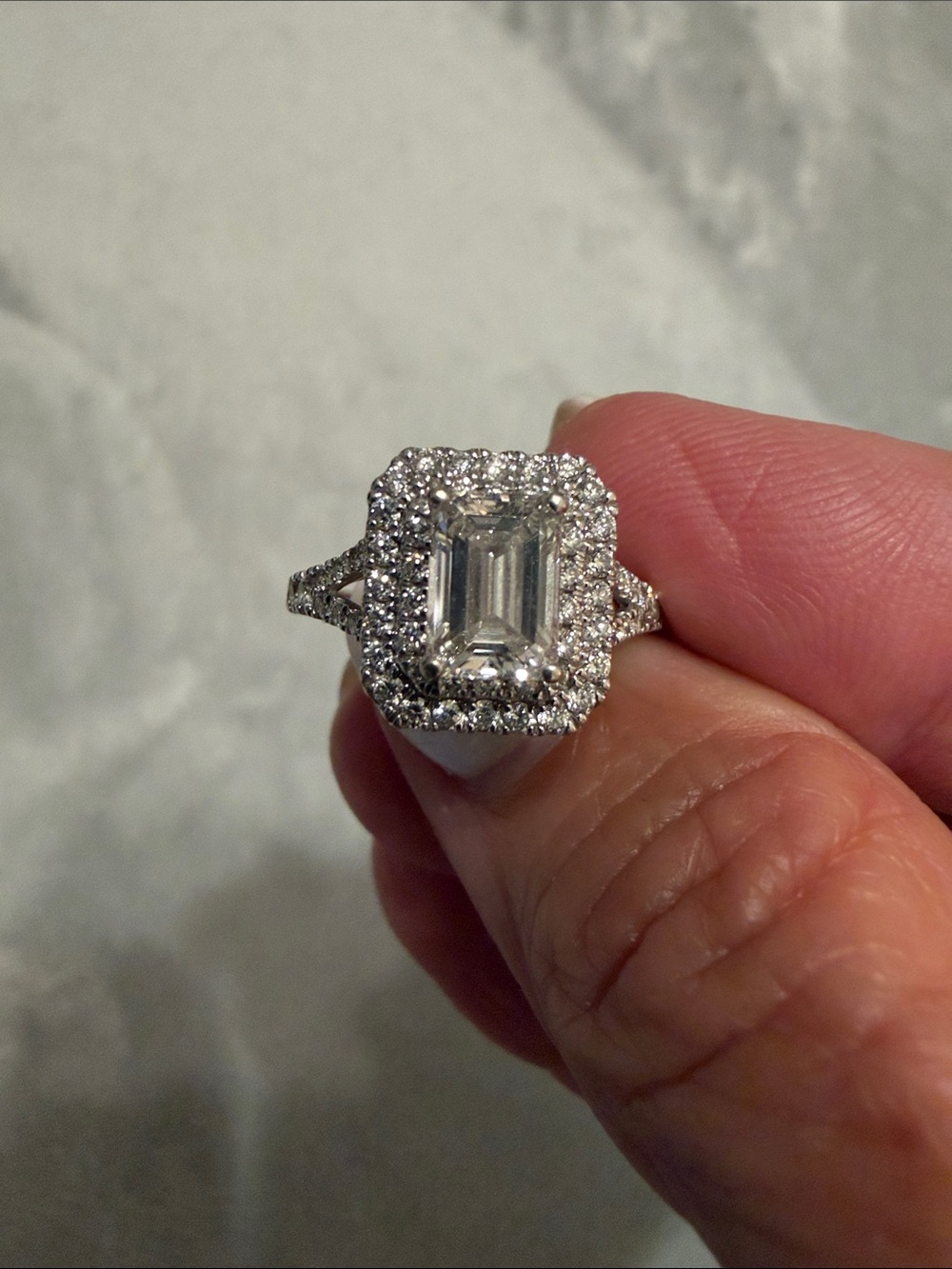 Emerald-Cut Halo Engagement Ring - 14K White Gold, 2 Carat